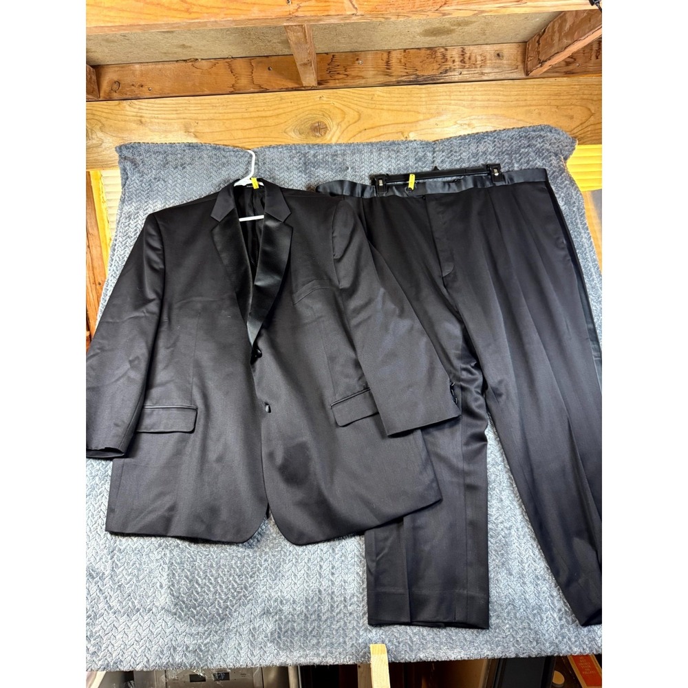 Mens Two Piece Suit Set 52R Black Wool Notch Lapel Single Breasted Office Wear‎